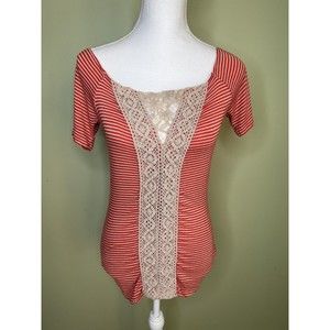 FREE PEOPLE Orange Striped Off Shoulder Short Sleeve Crochet Lace Women’s Top M